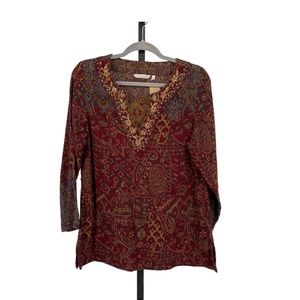 Soft Surroundings Nikol Womens Med Beaded V Neck Tapestry Print Tunic Sequin PXS